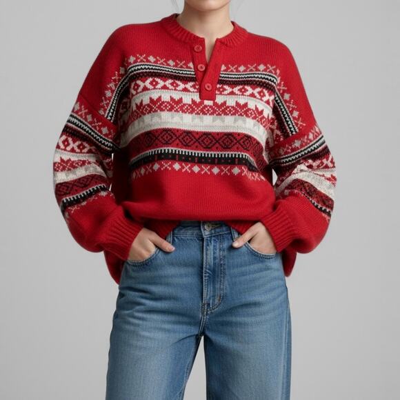 Vintage 90s Fair Isle Sweater Apres Ski Nordic Red Henley Cozy Knit Scandi XL - Picture 2 of 11